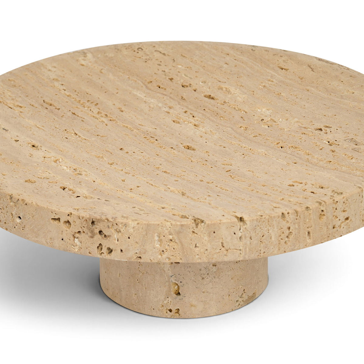 Round genuine travertine tray with beige stone top and pedestal base