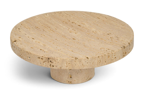 Round genuine travertine tray with beige stone top and pedestal base