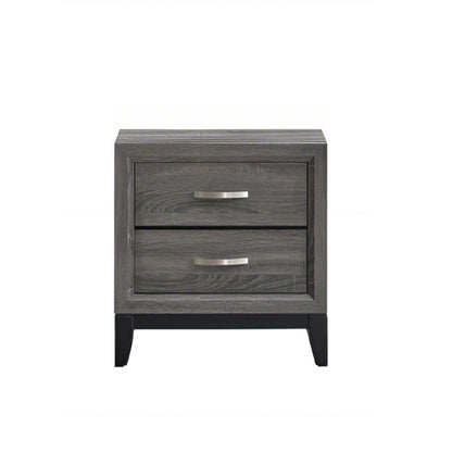 Dark gray nightstand with two front drawers and silver bar pulls