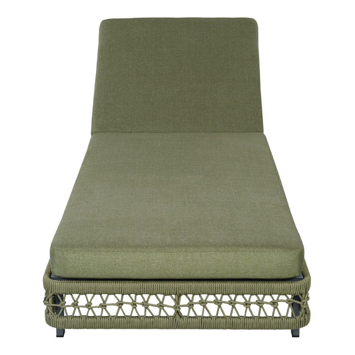 Green chaise lounge with wheels, padded backrest and seat, woven lattice base.