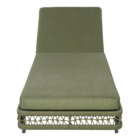 Green chaise lounge with wheels, padded backrest and seat, woven lattice base.