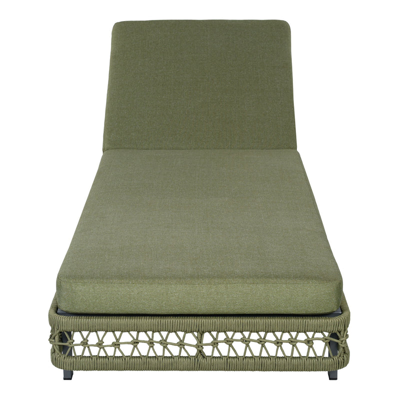 Green chaise lounge with wheels, padded backrest and seat, woven lattice base.