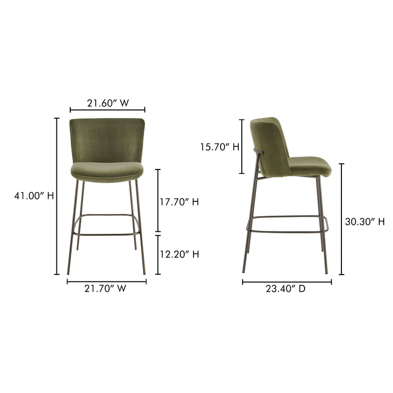 Green bar stool size diagram with cushioned seat, rounded back, metal frame