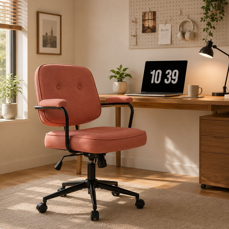 Pink upholstered swivel desk chair with curved armrests and caster base in office