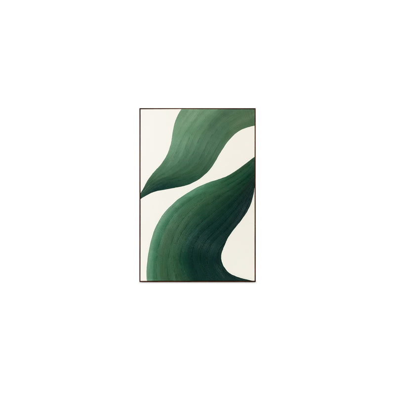 Small framed abstract painting with dark green wave forms on cream background