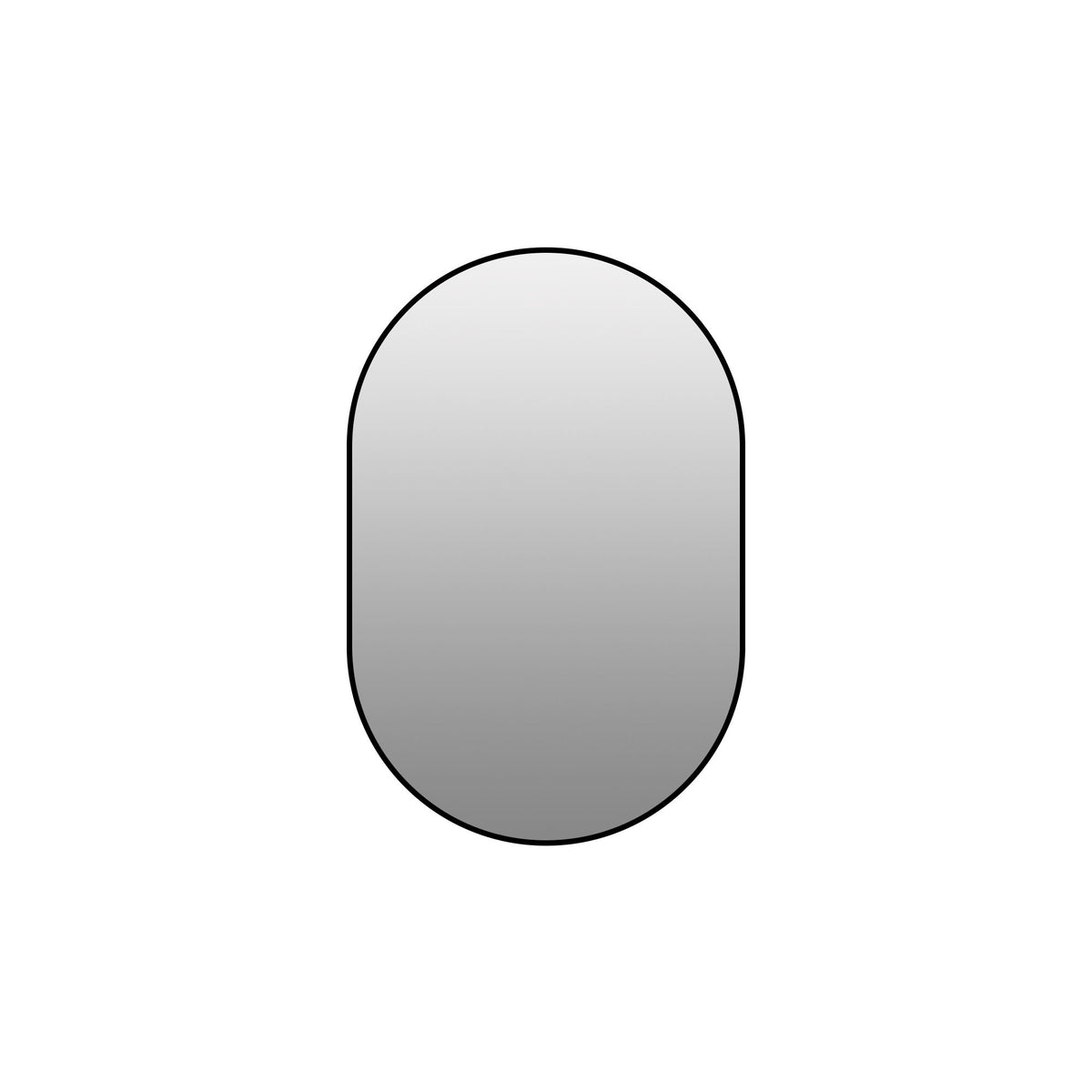 Black-framed oval bathroom mirror with rounded top and bottom edges