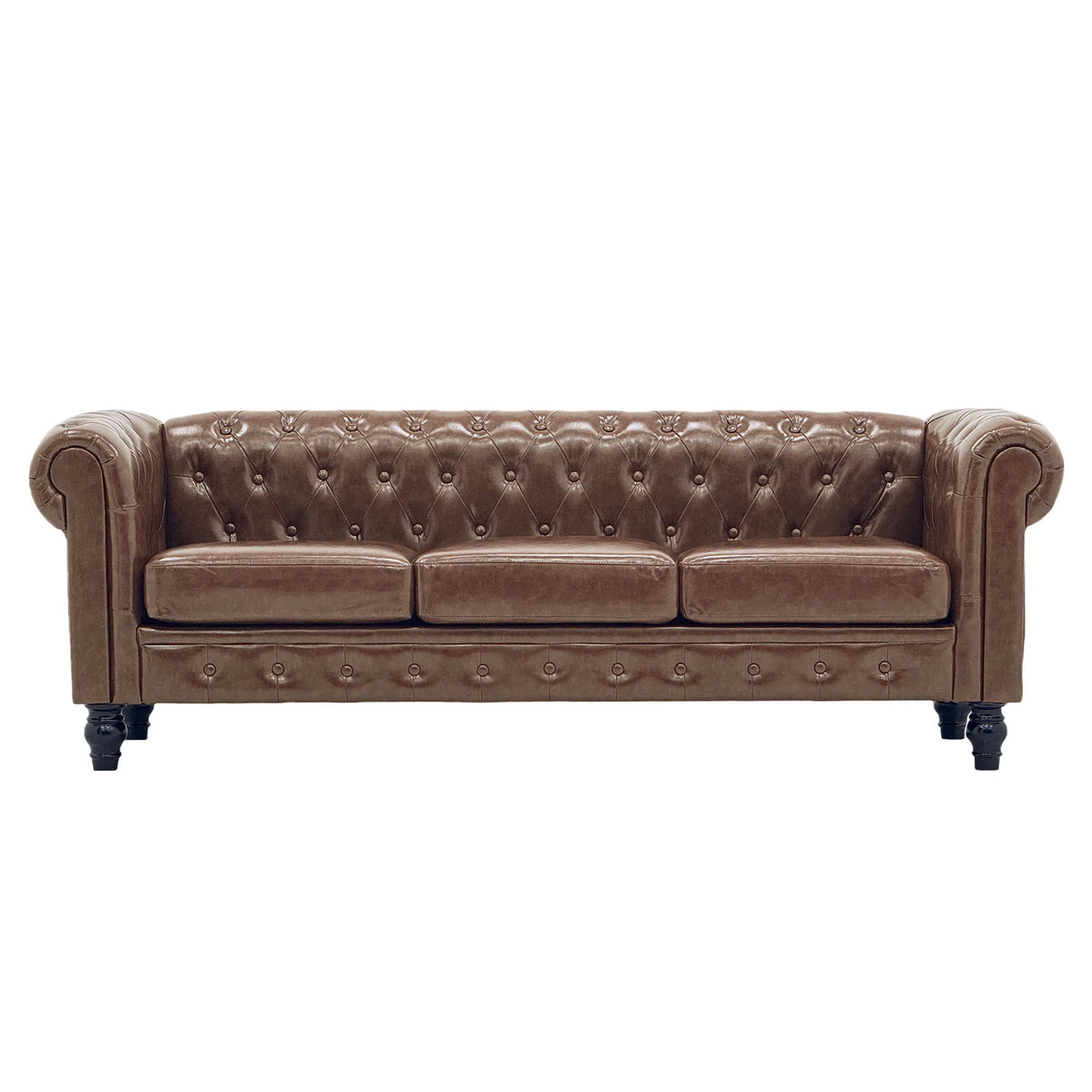 Tufted sofa in dark brown with rolled arms, three seat cushions and button detailing.