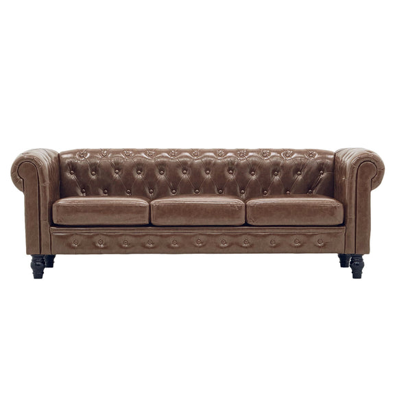 Tufted sofa in dark brown with rolled arms, three seat cushions and button detailing.