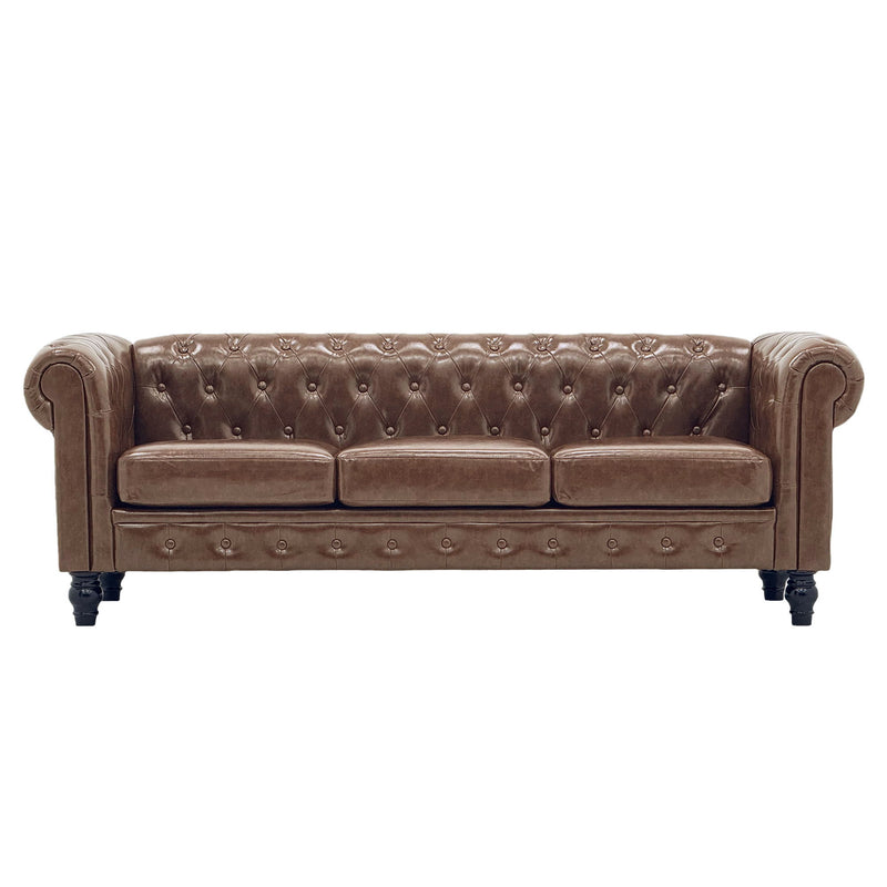 Tufted sofa in dark brown with rolled arms, three seat cushions and button detailing.