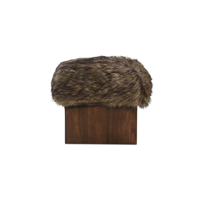 Brown faux fur ottoman with rounded top and dark wood base