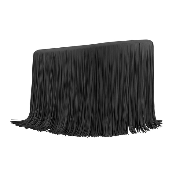 Black chair back with dense vertical fringe curtain