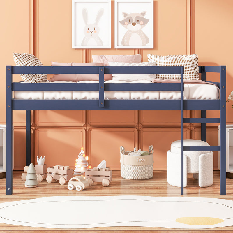 Solid Wooden, Rubber Wooden Twin Loft Bed with Ladder, Bed Platform of Strengthened Slats, Blue