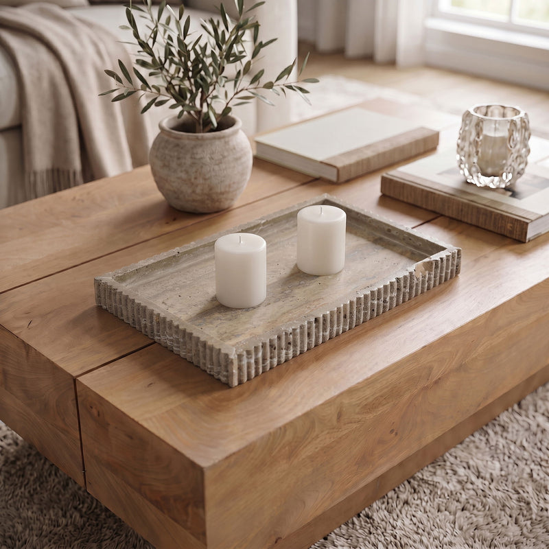 Gray marble tray with ridged sides holding two white pillar candles