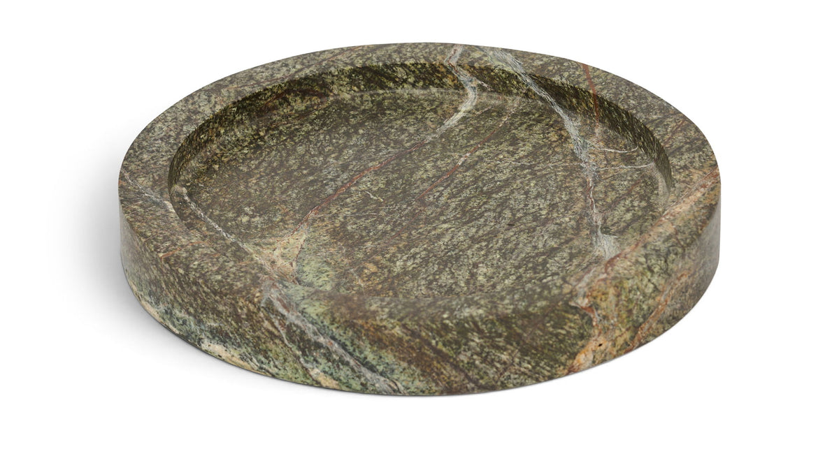 Green marble tray with round shallow basin and speckled natural stone pattern