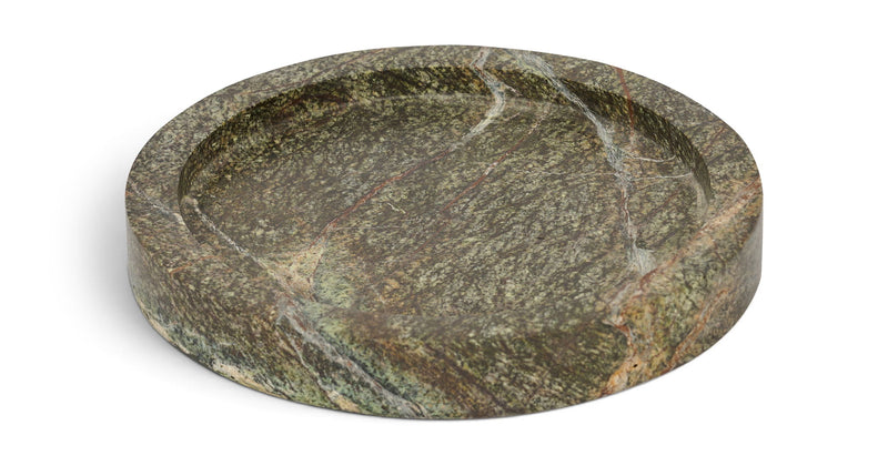 Green marble tray with round shallow basin and speckled natural stone pattern