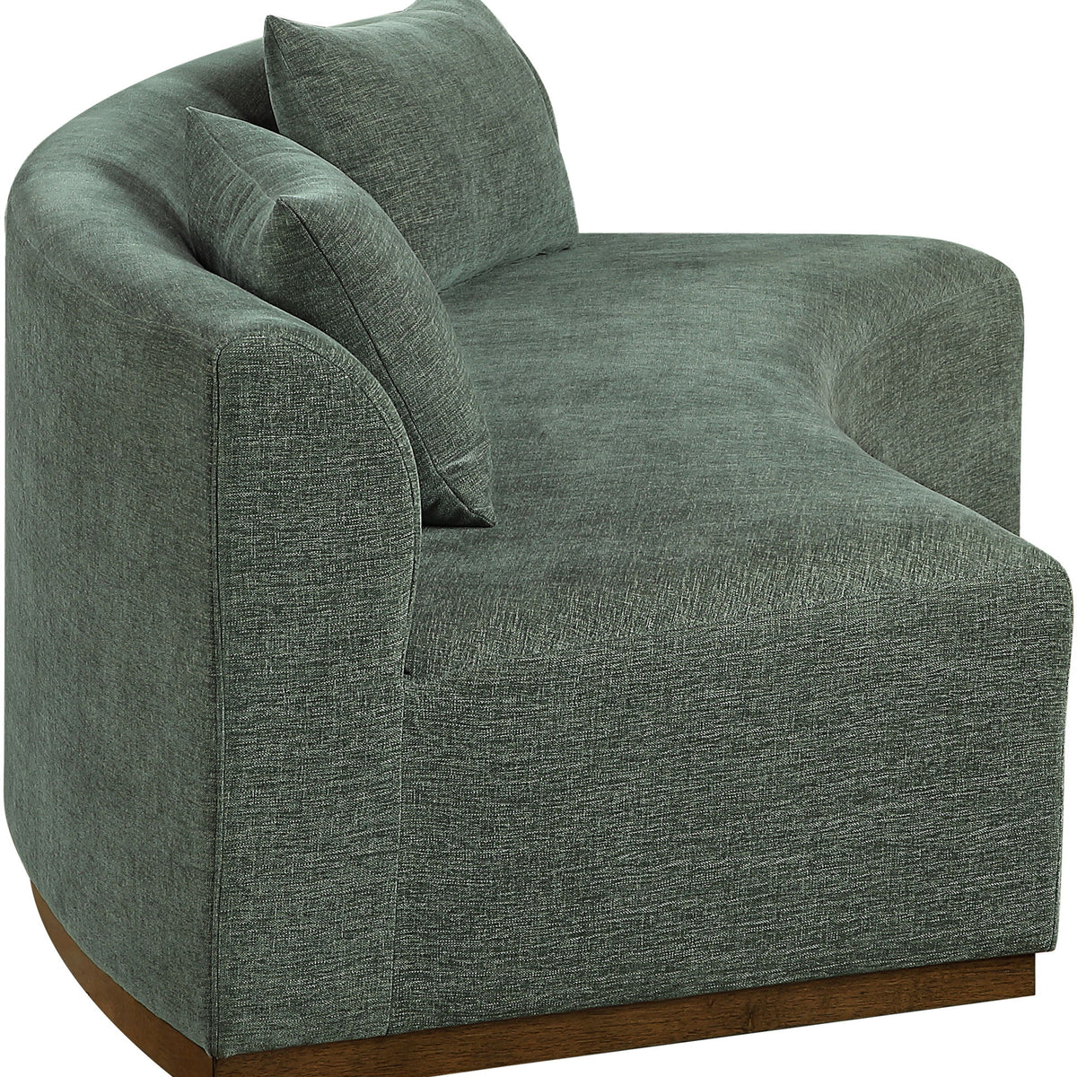 Green chenille upholstered sofa chair with one seat cushion, two back cushions, dark base.