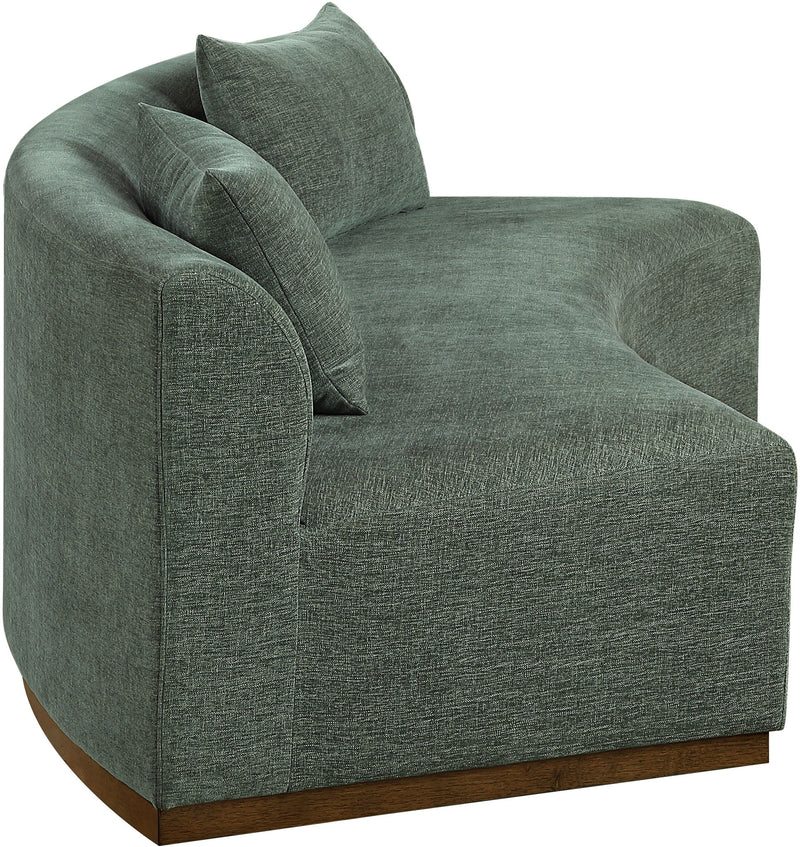 Green chenille upholstered sofa chair with one seat cushion, two back cushions, dark base.
