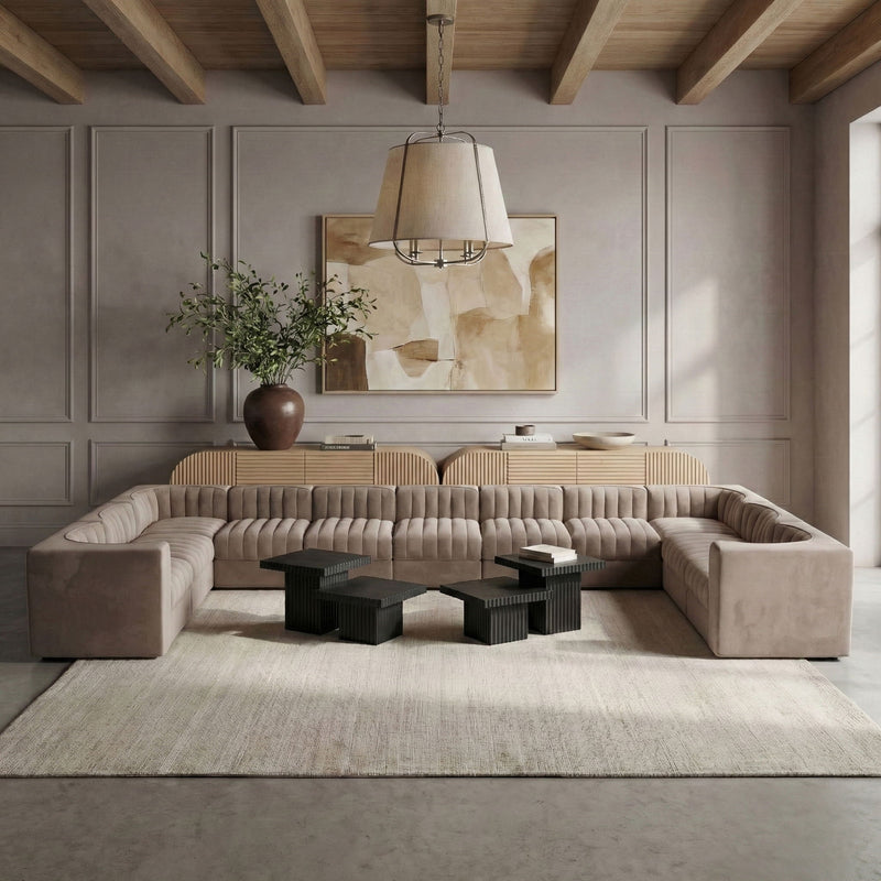 Velvet modular sectional sofa with tufted back and cushions, beige upholstery, corner arms