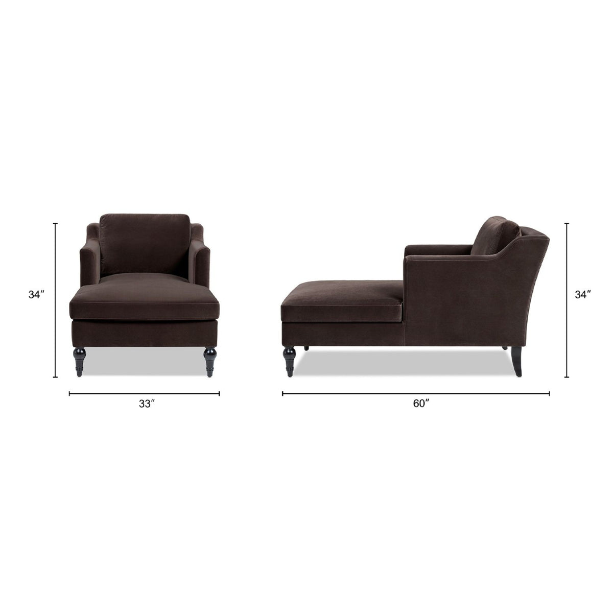 Dark brown upholstered chaise lounge shown from front and side angles with turned feet