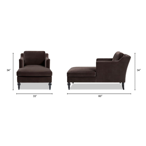 Dark brown upholstered chaise lounge shown from front and side angles with turned feet
