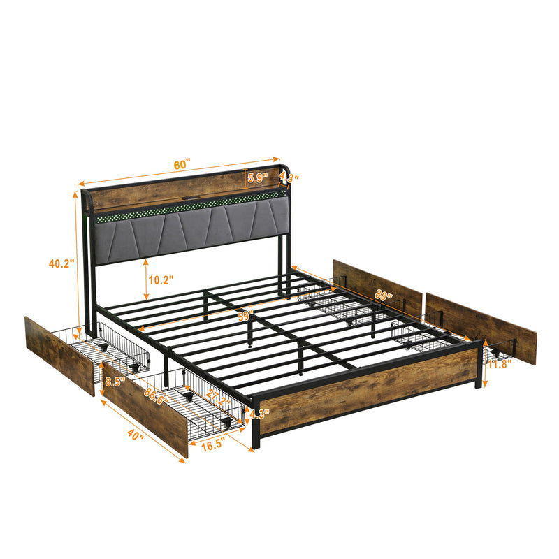 Upholstered headboard bed frame with black slat base, side storage rails, LED headboard strip