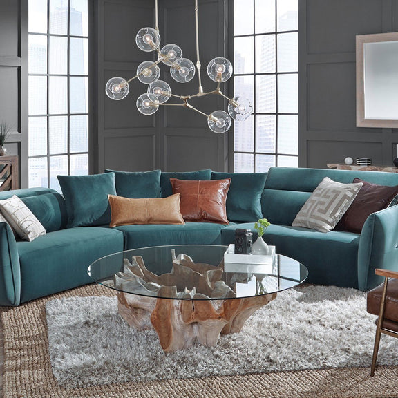 Natural white-wash wood-and-glass coffee table with round glass top