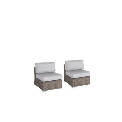 Outdoor armless chair pair with white cushions and dark woven frames.