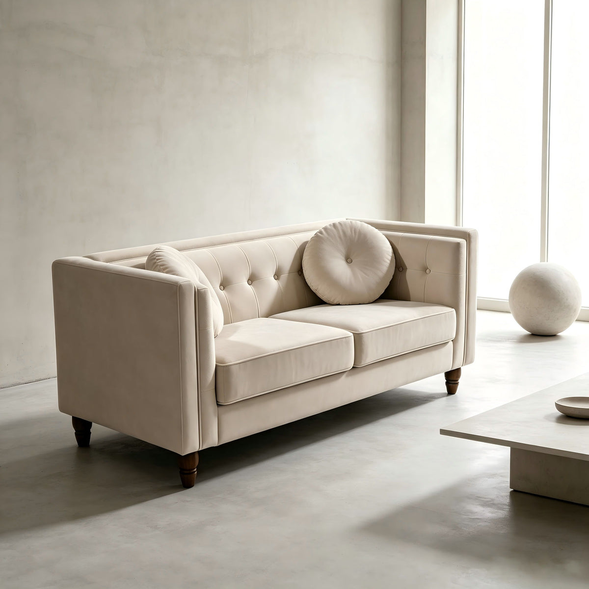 Beige tufted two-seater loveseat with round bolster pillow and tapered legs