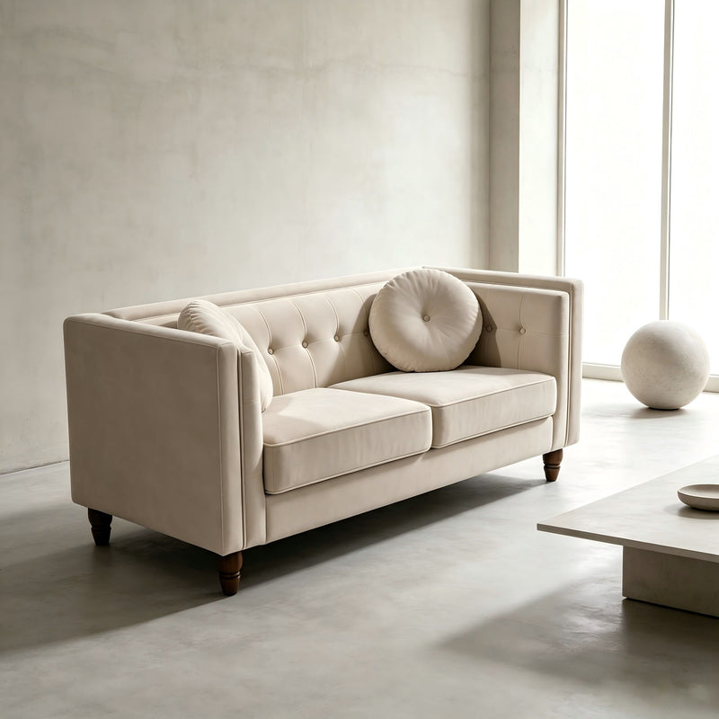 Beige tufted two-seater loveseat with round bolster pillow and tapered legs
