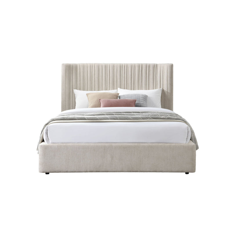 Beige upholstered bed with ribbed headboard, white bedding, and padded side rails