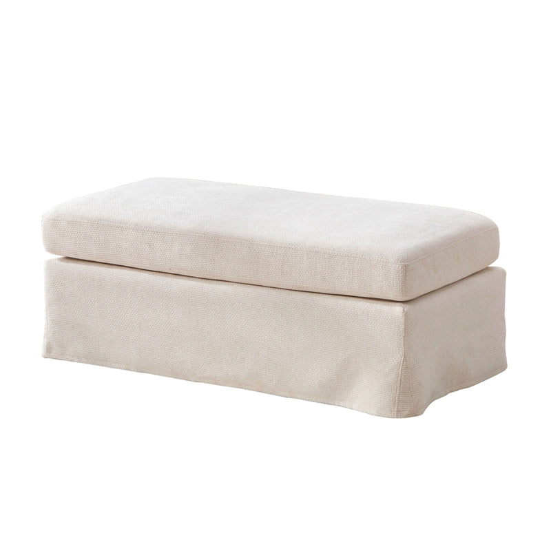 Modern Beige Chenille Ottoman with Black Metal Legs, 43.7' Wide Square Foot Stool for Living Room Bedroom Entryway Office