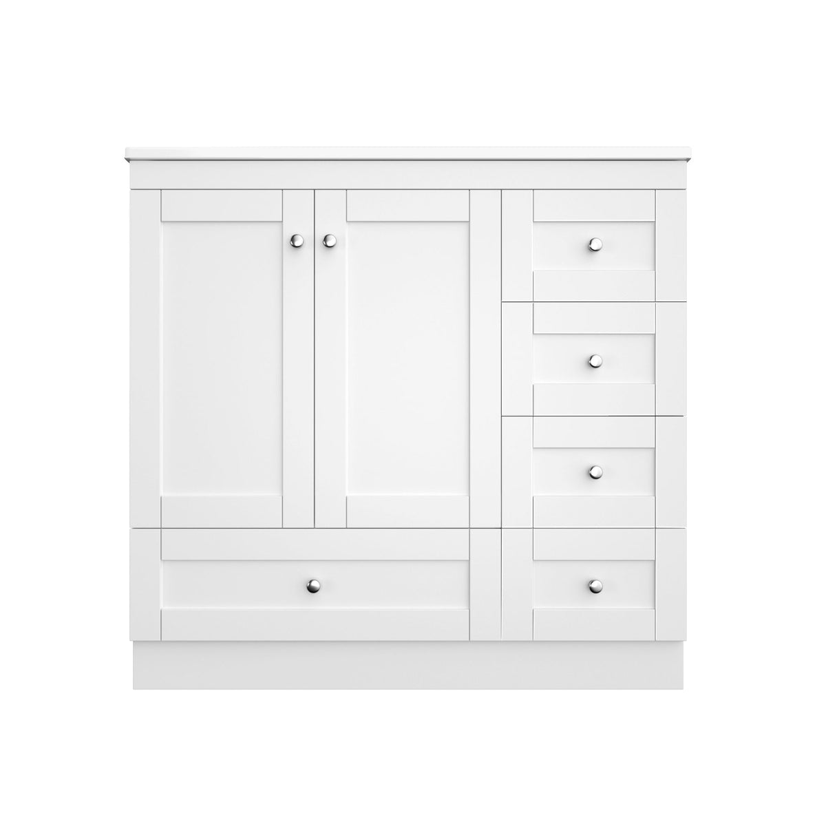 White bathroom vanity cabinet with sink and right-side drawer stack
