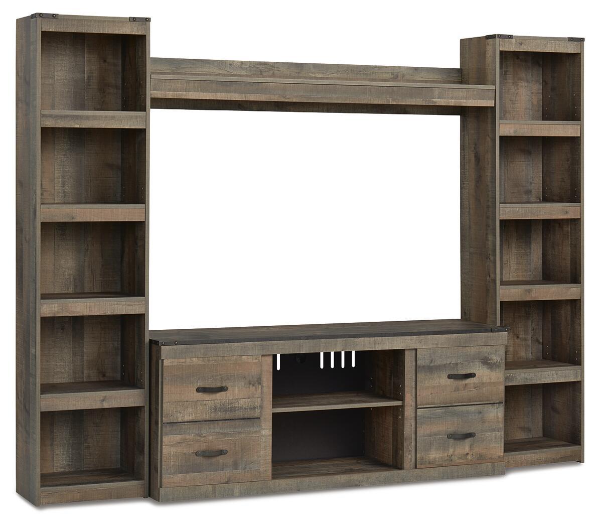 Dark brown 60" TV stand with shelves, drawers, and open fireplace cabinet