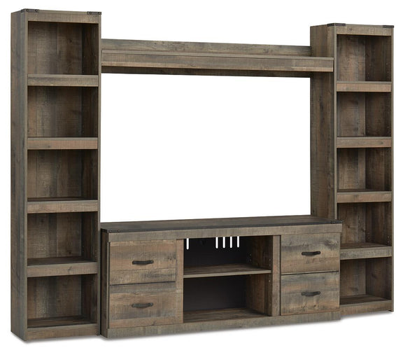 Dark brown 60" TV stand with shelves, drawers, and open fireplace cabinet