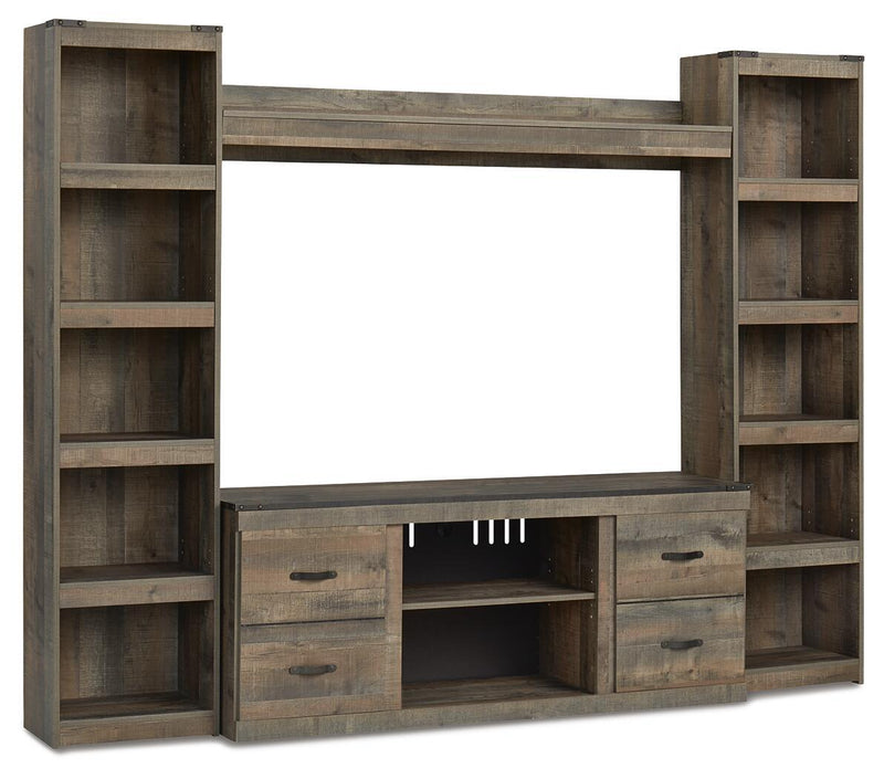 Dark brown 60" TV stand with shelves, drawers, and open fireplace cabinet