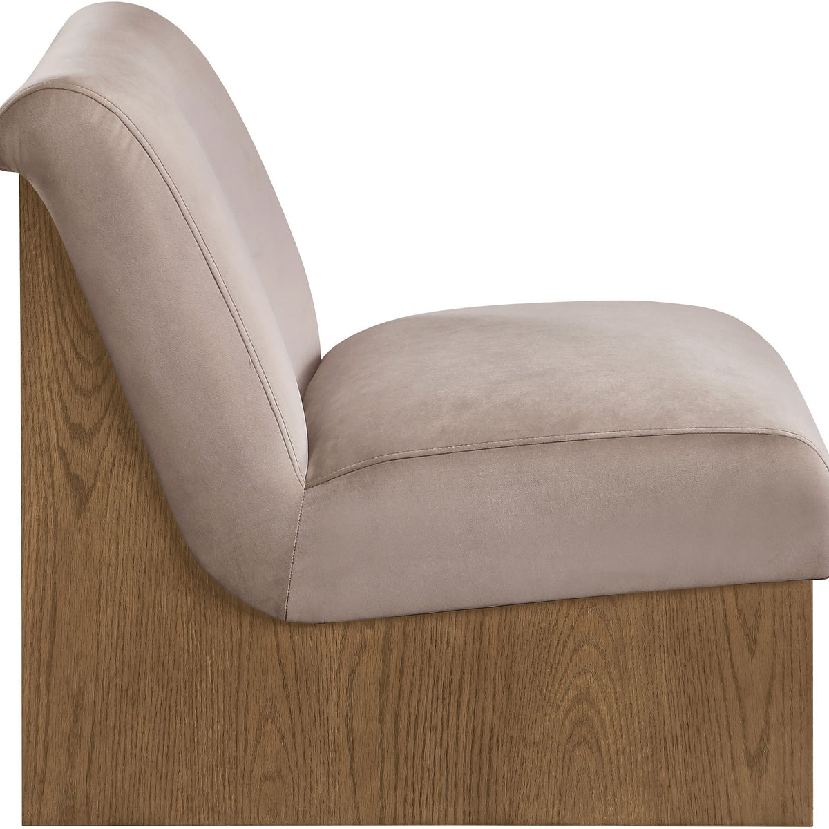 Vantage velvet performance accent chair, light beige fabric with dark wood sides and arms