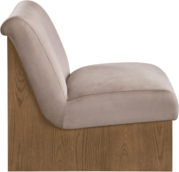 Vantage velvet performance accent chair, light beige fabric with dark wood sides and arms