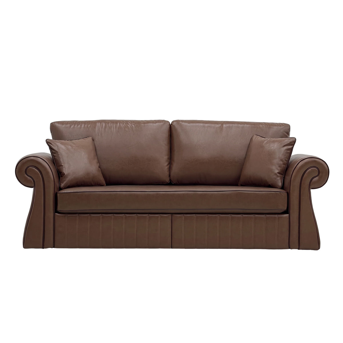 Three-seat sofa in dark brown with rolled arms, two back cushions, and two accent pillows