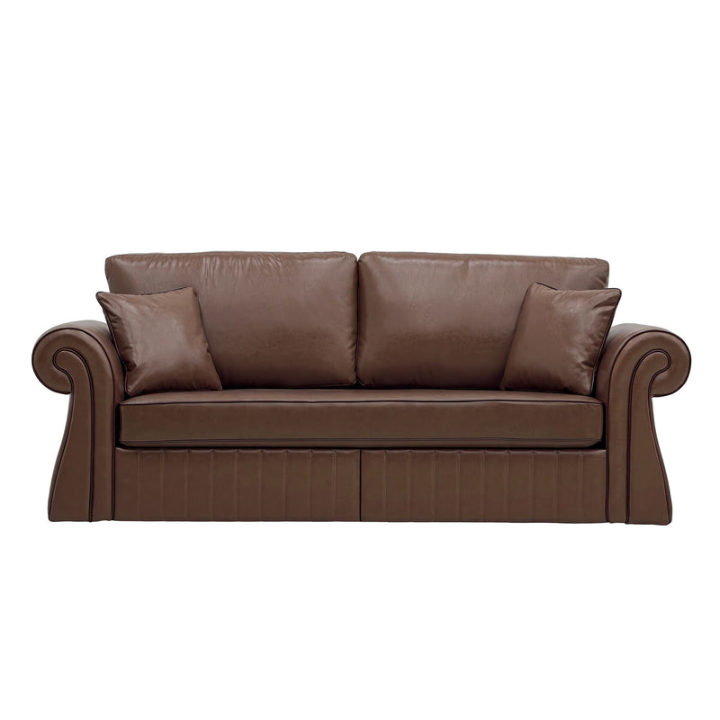 Three-seat sofa in dark brown with rolled arms, two back cushions, and two accent pillows