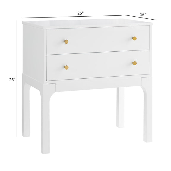 White two-drawer nightstand, 25W x 16D x 26H, with brass knobs.