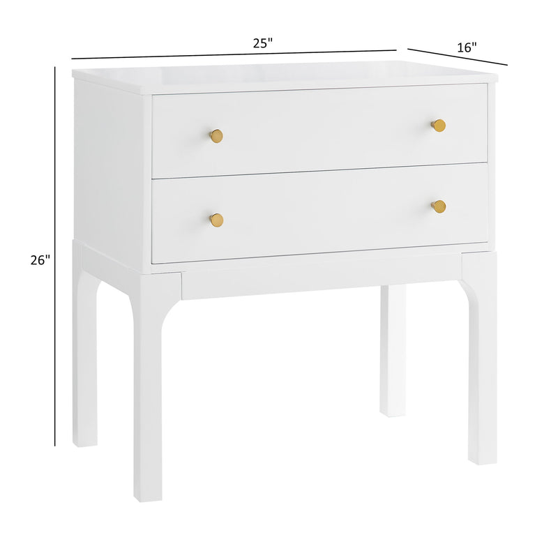 White two-drawer nightstand, 25W x 16D x 26H, with brass knobs.
