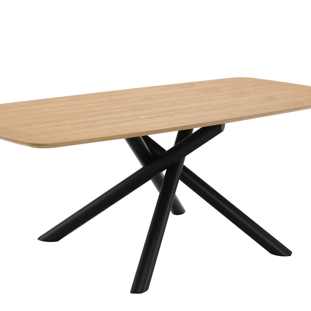 Light wood dining table with black X-style legs, angled view