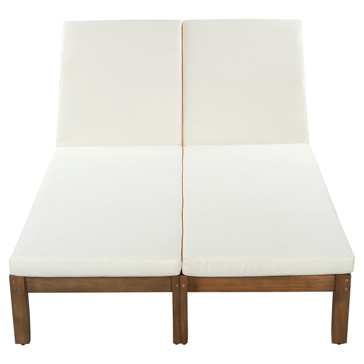 Beige 2-seat patio lounge recliner with split back cushions and walnut wood frame