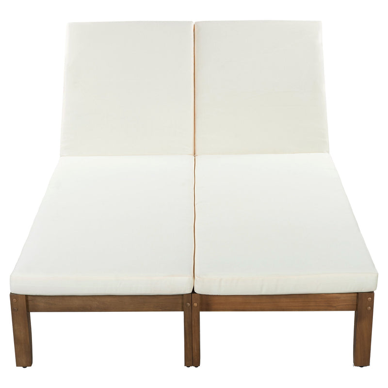 Beige 2-seat patio lounge recliner with split back cushions and walnut wood frame