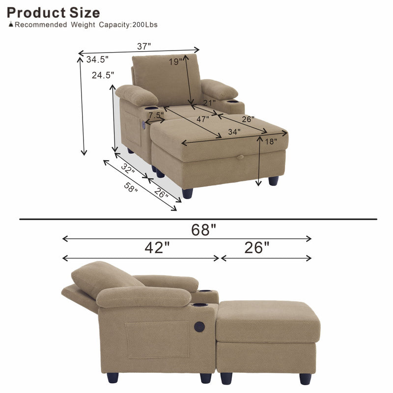 Accent Chair With Storage Ottoman, Reclining Single Chaise Lounge With Cupholders And USB, C Ports