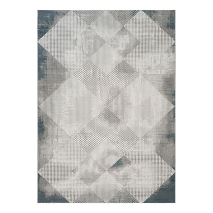 Gray geometric area rug with diamond pattern and dark blue border