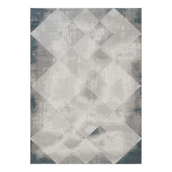Gray geometric area rug with diamond pattern and dark blue border