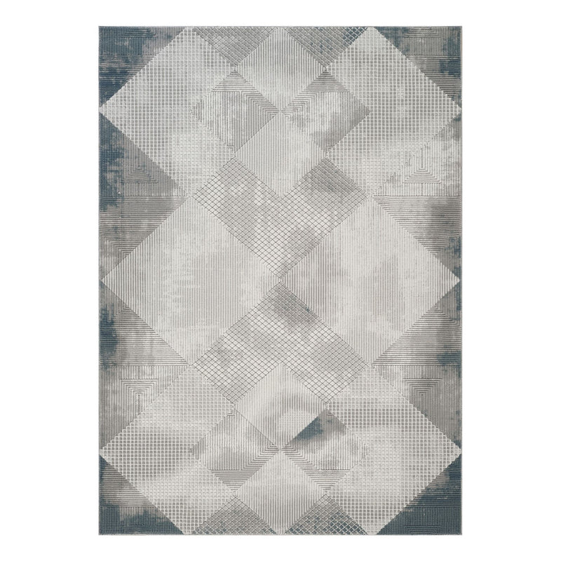 Gray geometric area rug with diamond pattern and dark blue border