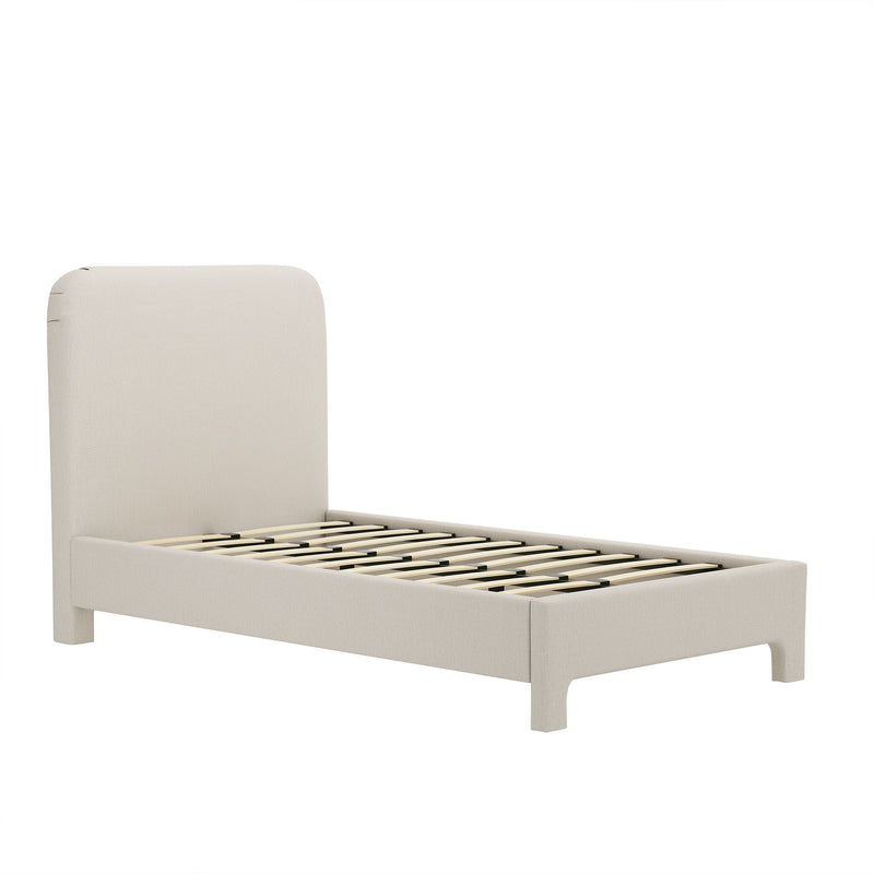 Light beige upholstered bed frame with rounded headboard, footboard, and slat base