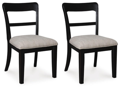 Set of 2 black upholstered dining side chairs with light gray fabric seats